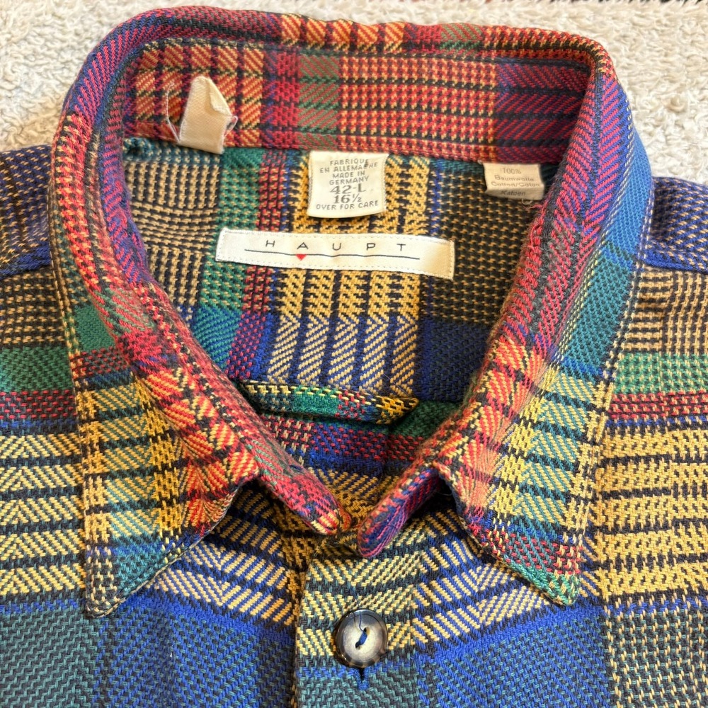 Haupt Germany Plaid Shirt Mens L 42 Cotton Button‎ Up Made in Germany Multicolor